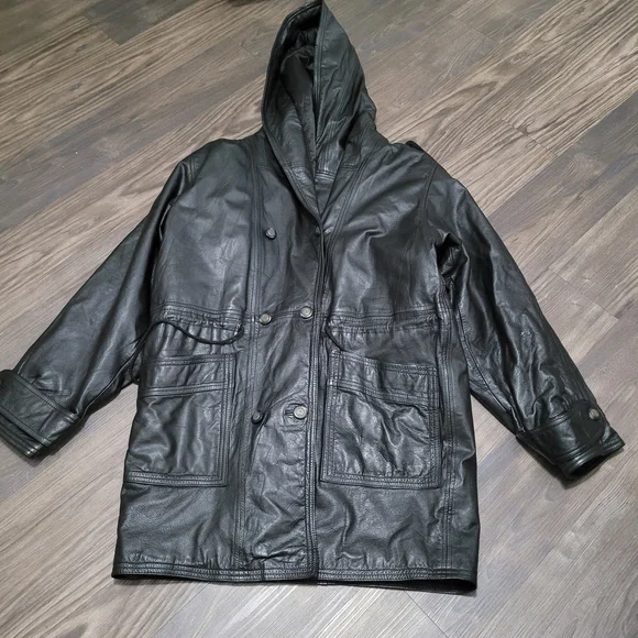 Vintage 90’s Pelle Club Hooded Black Genuine Leather Jacket M Mobwife Heavy - Picture 1 of 11